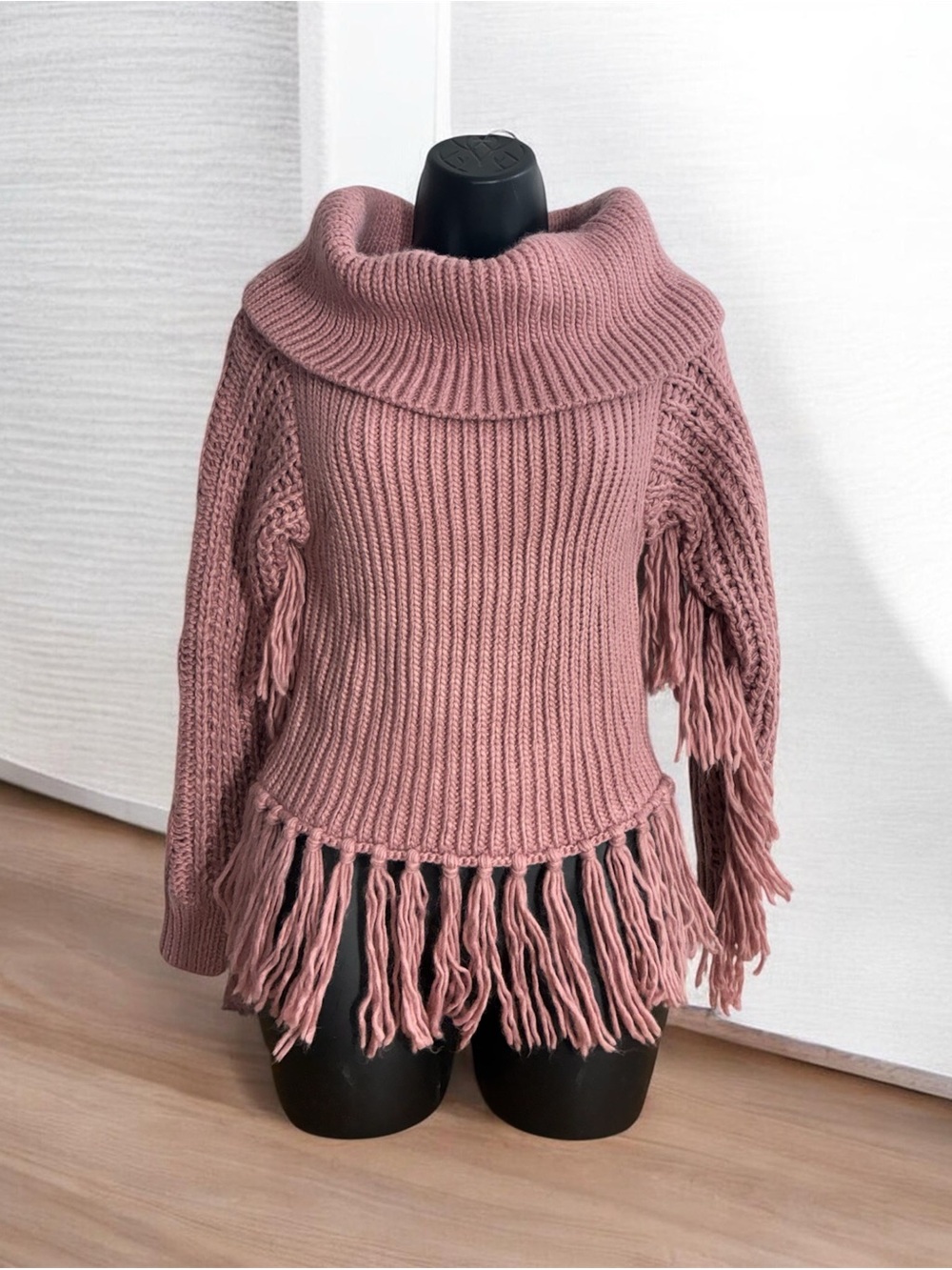 BiBi Dusty Rose Fringe Cowl Neck Sweater